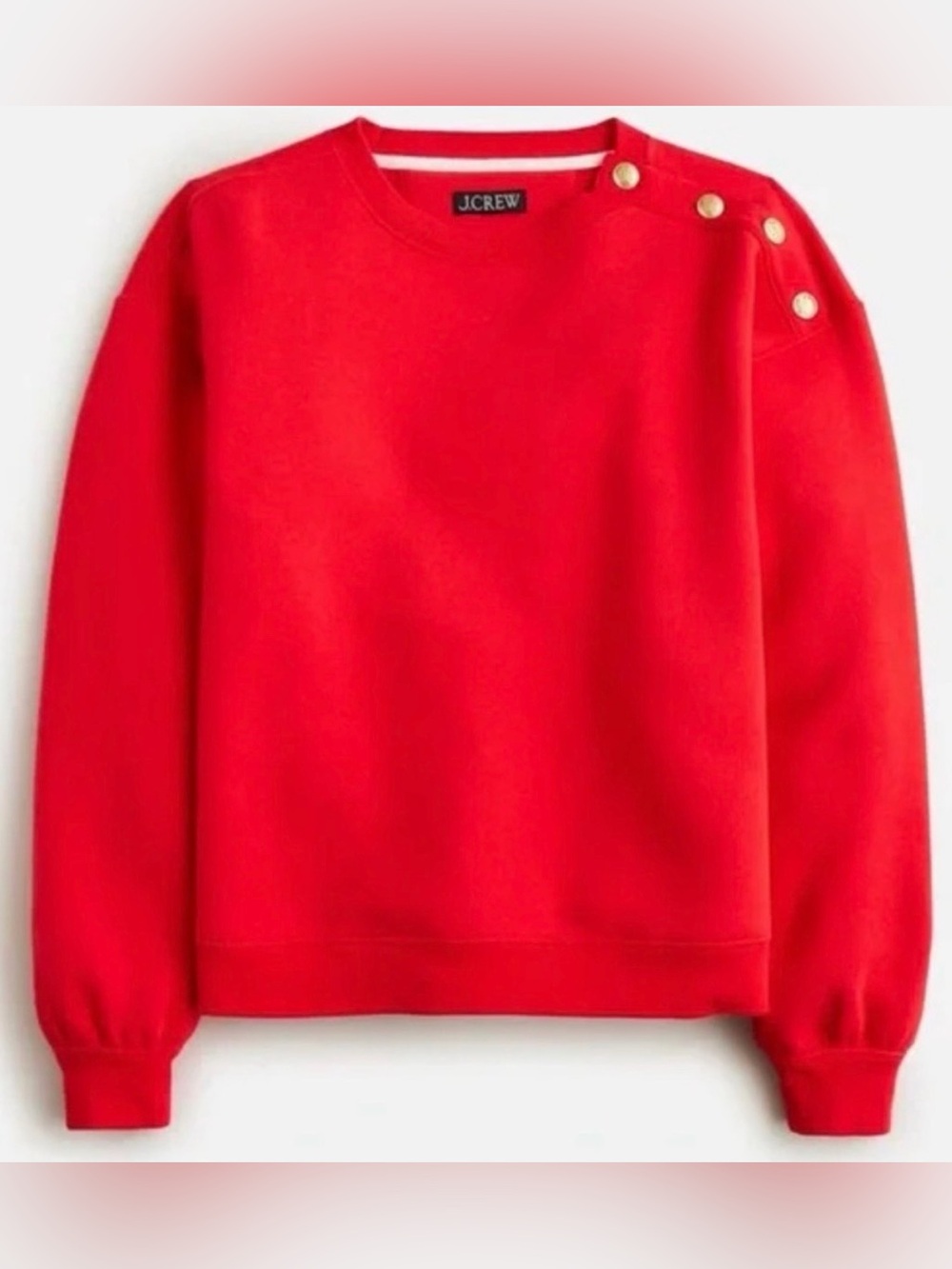 J. Crew Bright Red Fleece Crewneck Sweater with Gold Shoulder Buttons